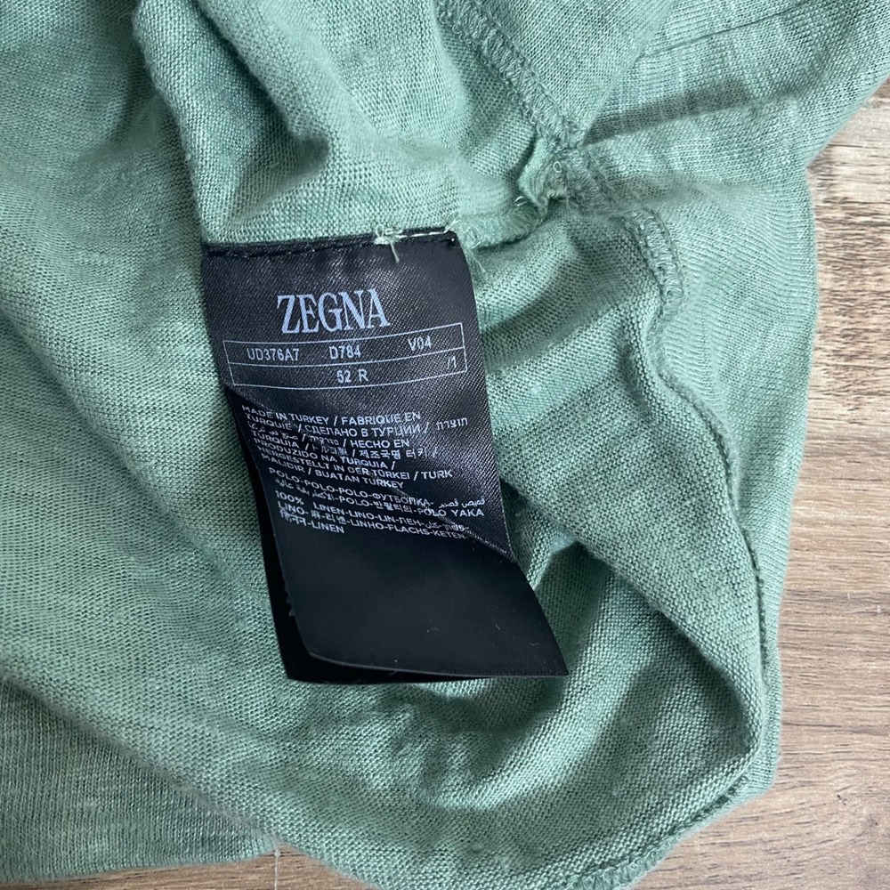 Zegna Mens 100% Linen Short Sleeve Polo Shirt Large 52 Sage Green Luxury EUC - Picture 5 of 8